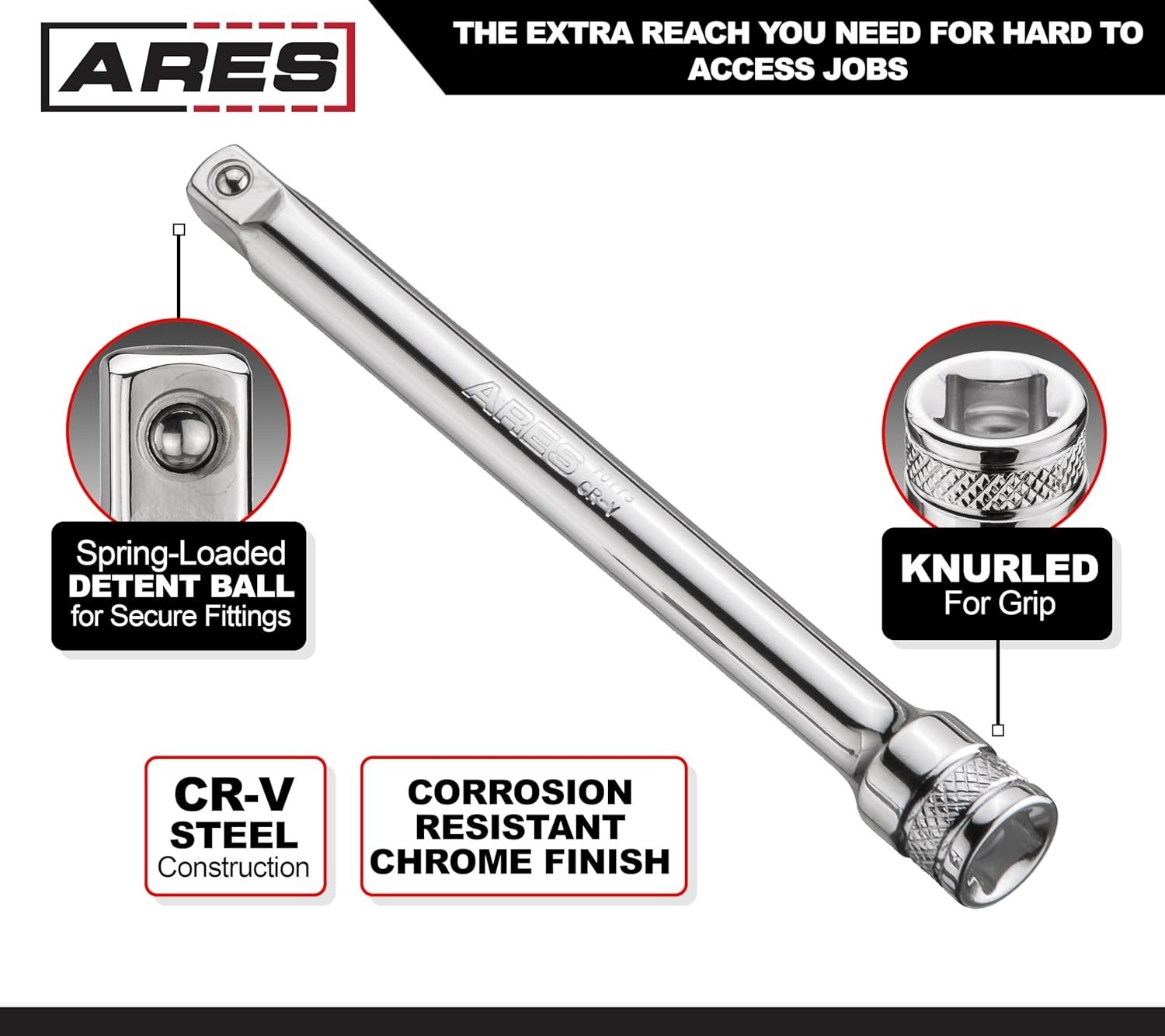 ARES 70244-4-Piece 3/8-Inch Drive Socket Extension Set – 3/8″ Drive, Silver