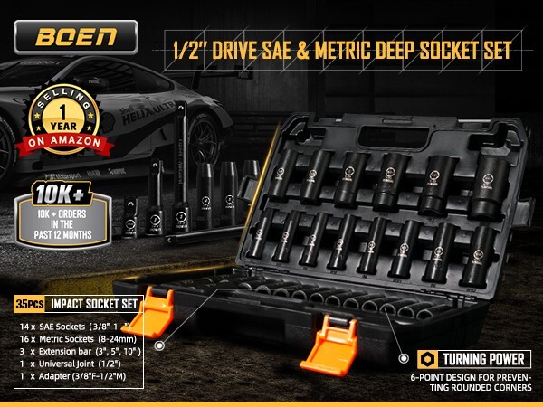 35Pcs 1/2″ Drive Deep Impact Socket Set,SAE 3/8″-1-1/4″,Metric 8-24mm,Cr-V Steel