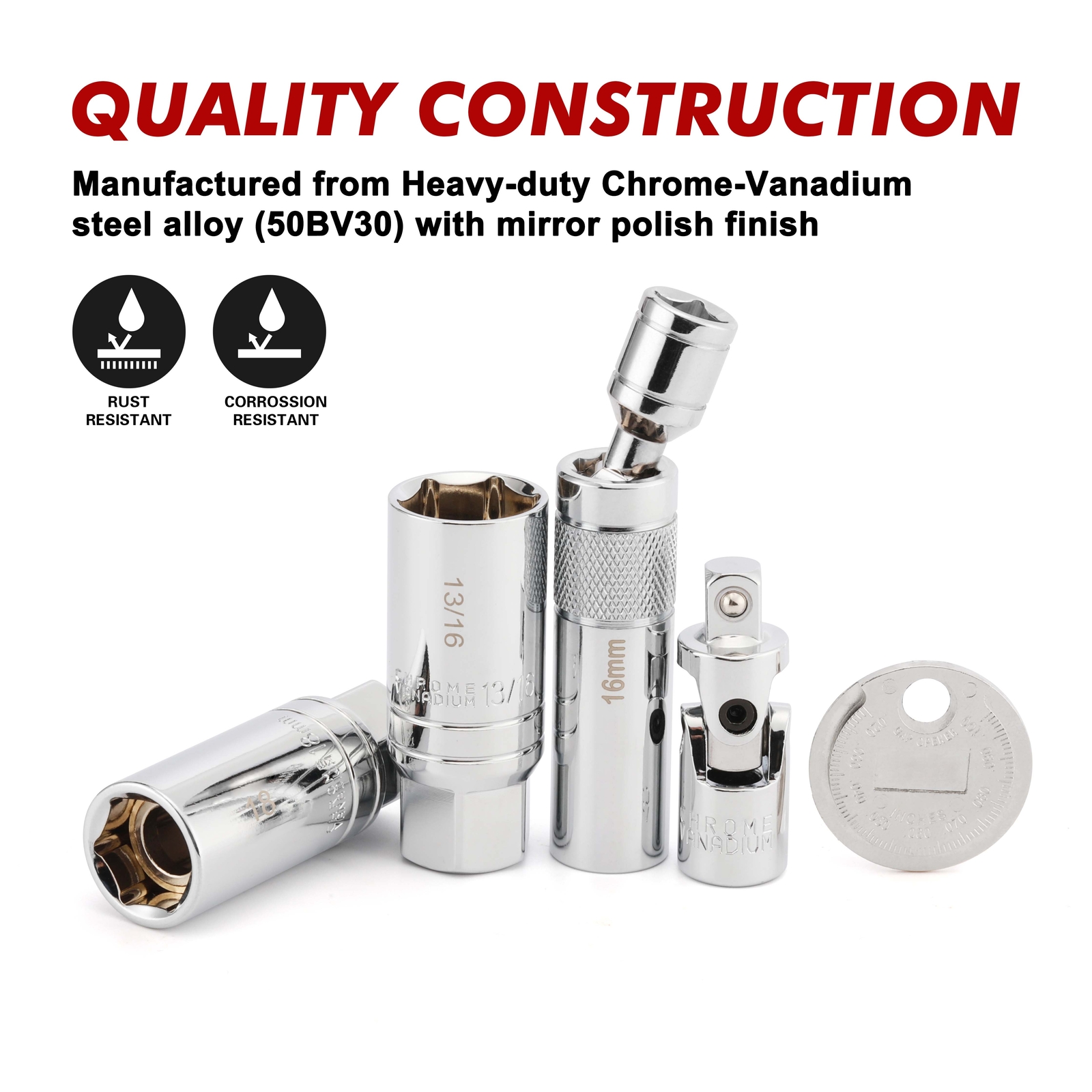0PCS 3/8″Drive Magnetic Spark Plug Socket Set, 6PT&12PT Extension Bar CR-V Steel