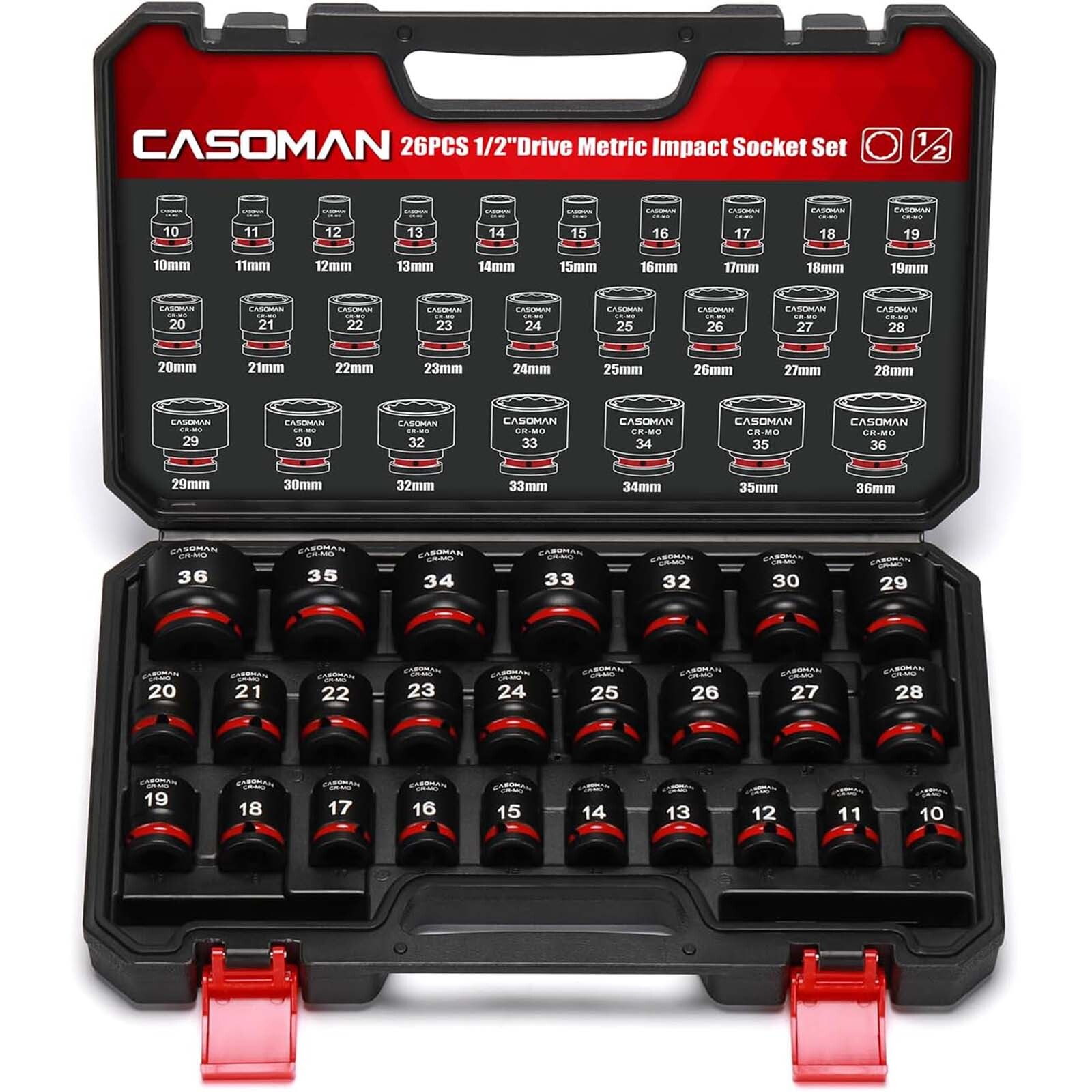 26 PCS 1/2″ Drive Standard Impact Socket Set 12 Point Metric 10mm-36mm CR-MO