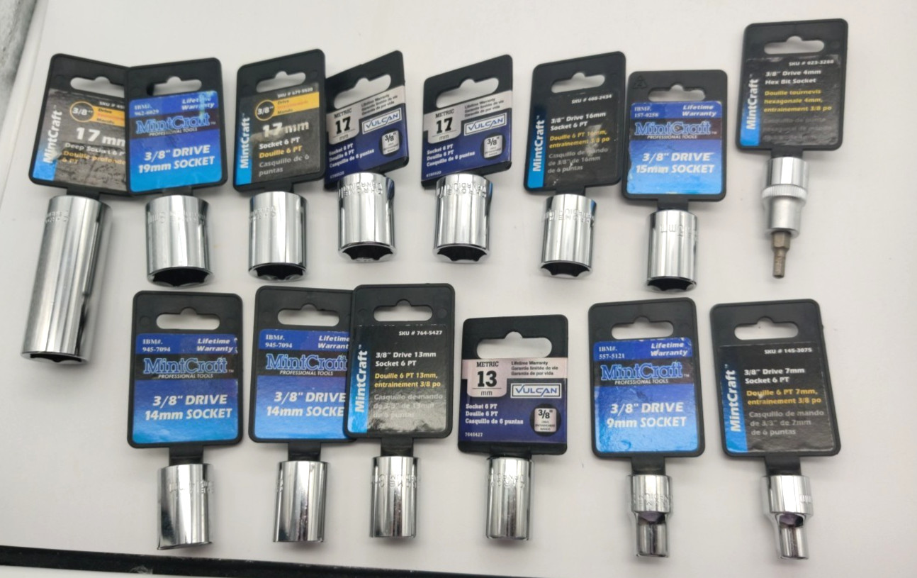 14pc Assorted Lot of 3/8″ Drive Sockets, Metric Deep Well, Regular and Hex Bit