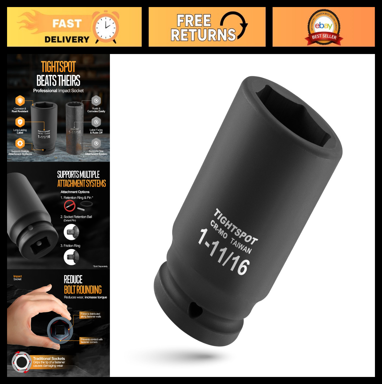 Heavy Duty 3/4″ Drive 1-11/16″ SAE Deep Impact Socket – 6 Point Jumbo Tool for T