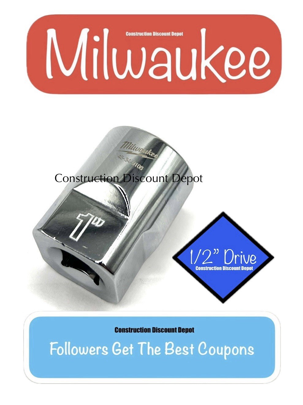 Milwaukee 1″ in. 1/2″ Drive SAE 6 Point Standard Shallow Socket 45-34-9108