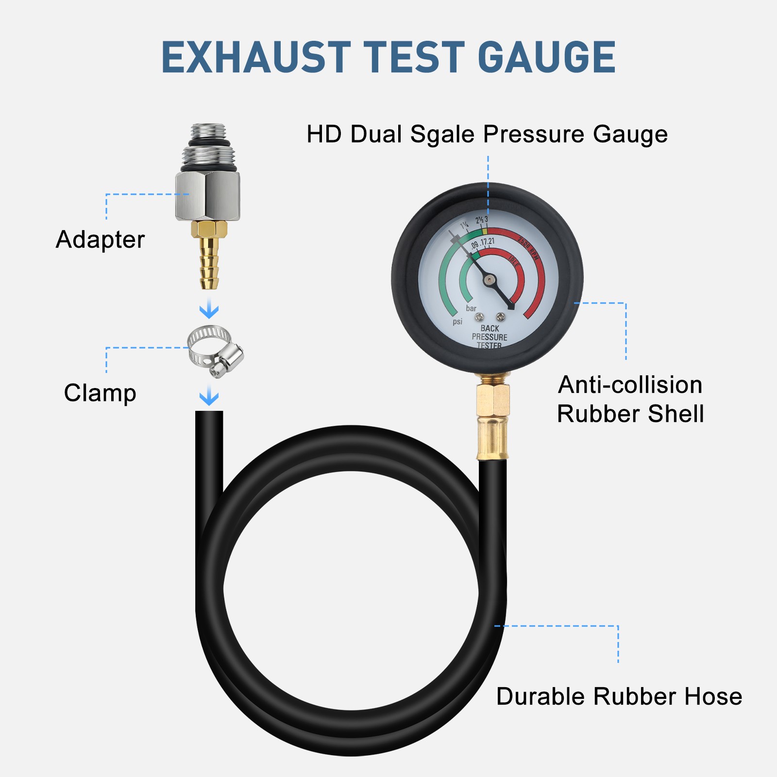 Exhaust Back Pressure Tester Gauge Kit w/ Adapter Diagnoses Catalytic Converter