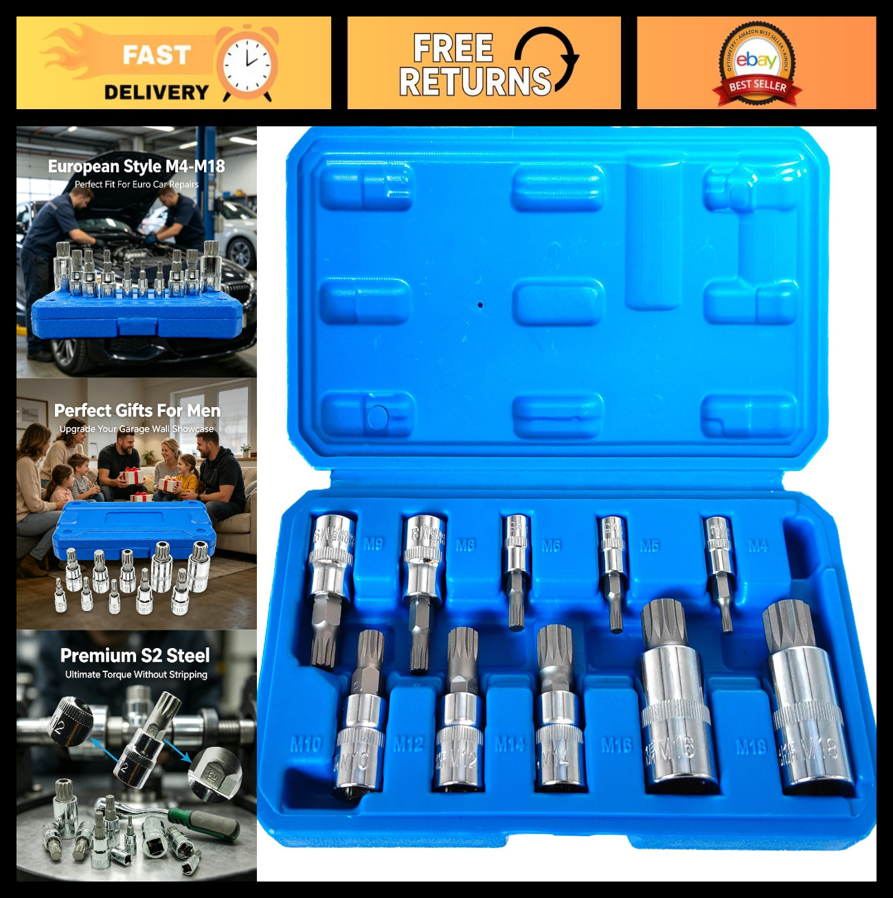 10-Piece S2 XZN Triple Square Bit Socket Set, M4-M18, Professional Mechanic Tool