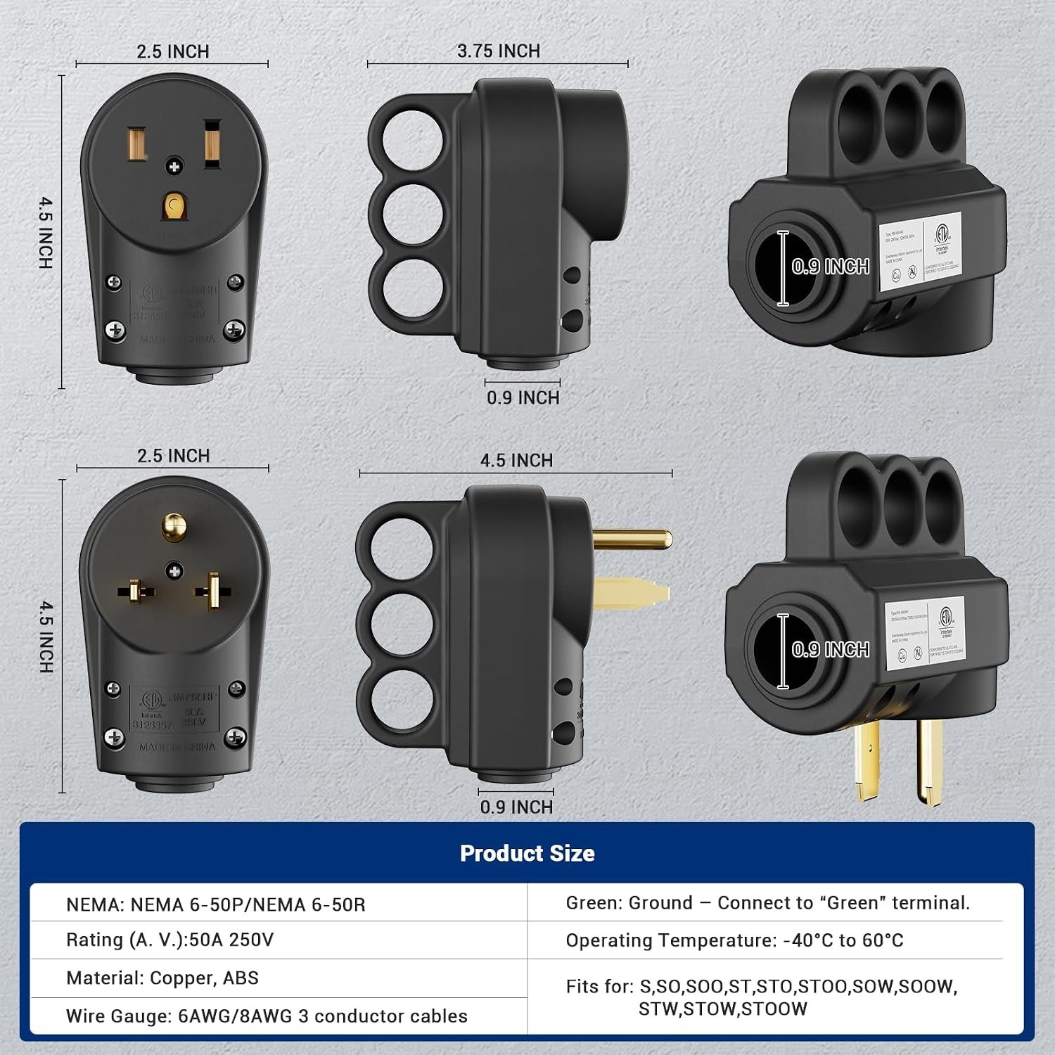 Ergonomic NEMA 6-50P Plug and 6-50R Socket Set – 250V, 30A/50A Power Connector