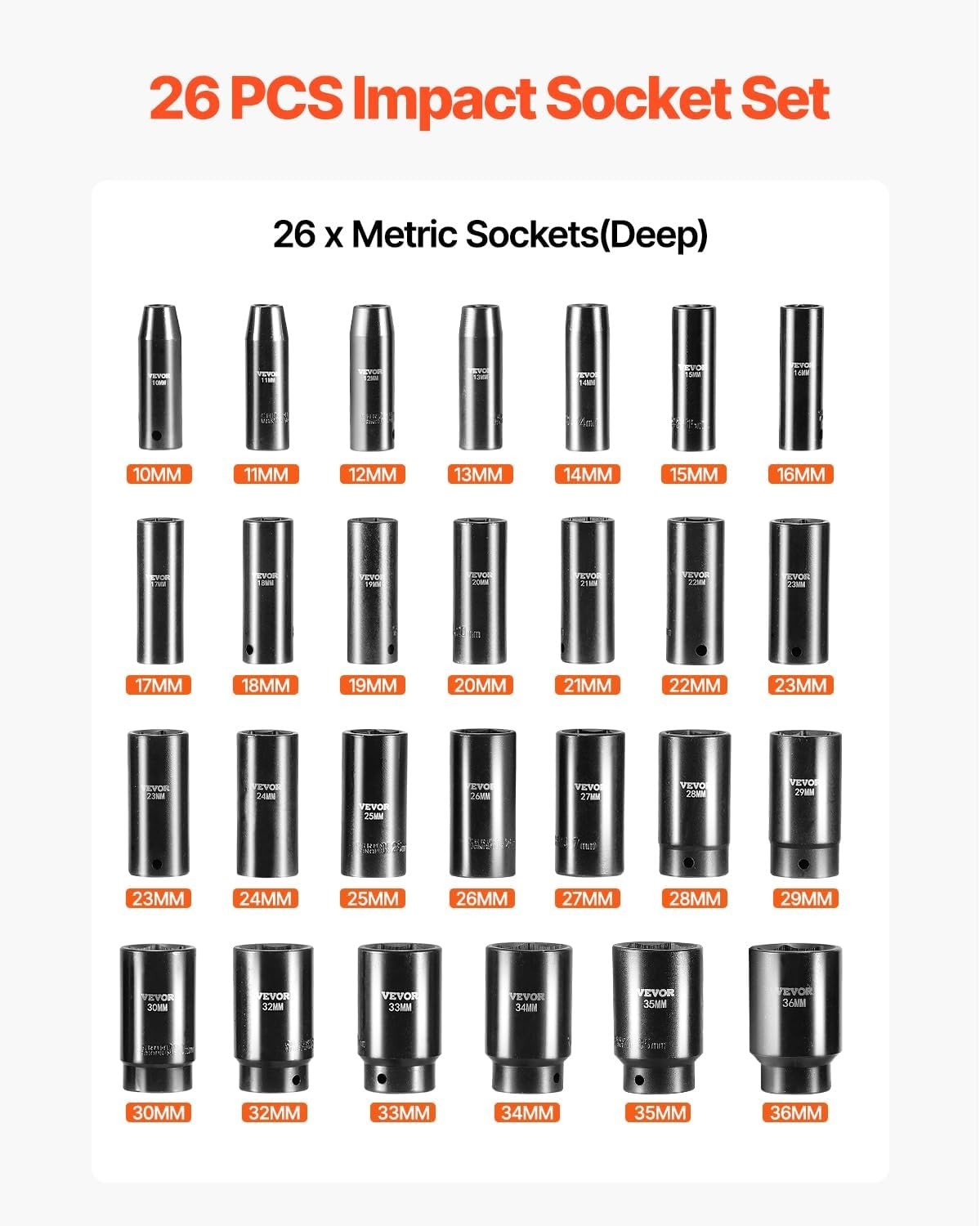 Rugged 26-Piece 1/2 Inch Metric Impact Socket Set – Perfect for Heavy-Duty Tasks