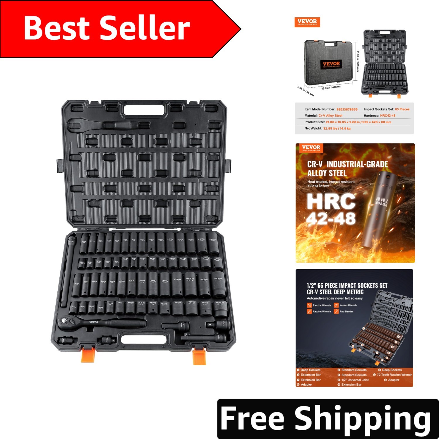 65-Piece Cr-V Alloy Steel Impact Socket Set – Easy-to-Read Sizes & Storage Case