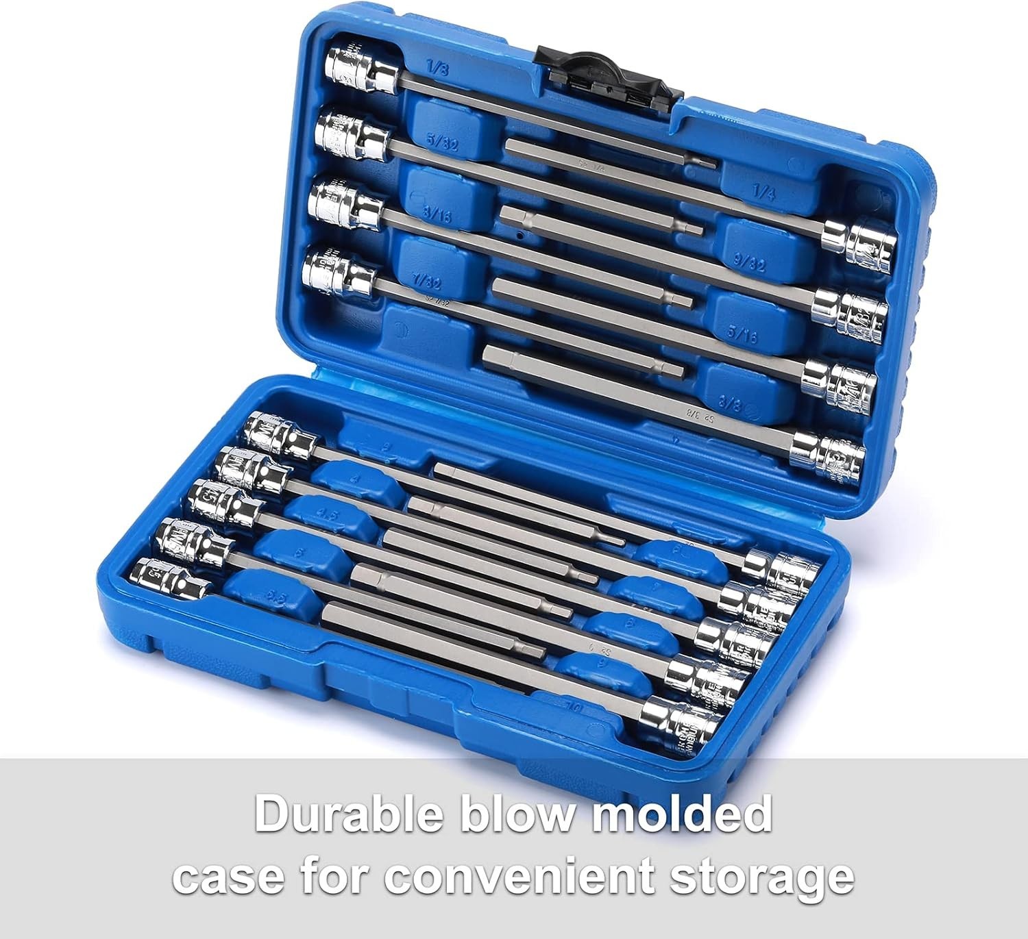 Professional 3/8 Inch Drive Long Hex Bit Set – 18 Pieces with Handy Storage Case