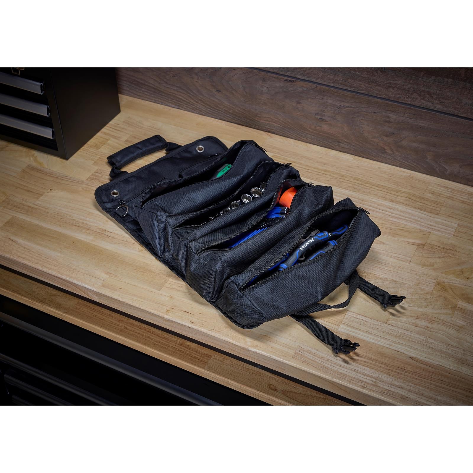 Black Canvas Roll Up Tool Bag Organizer With Zipper Pockets