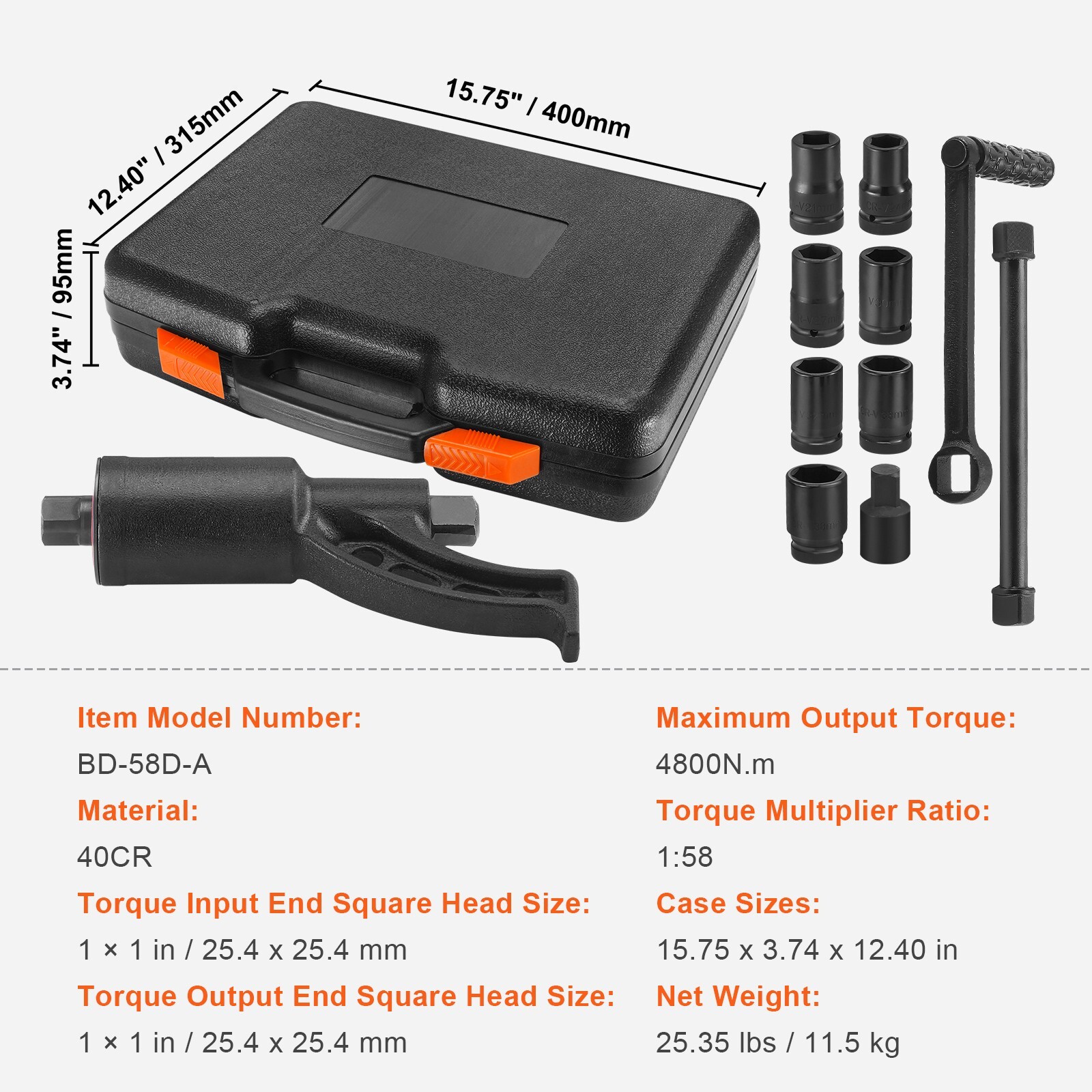 Torque Multiplier Wrench Set 1″ Drive 1:58 Lug Nut Remover with 8 Sockets