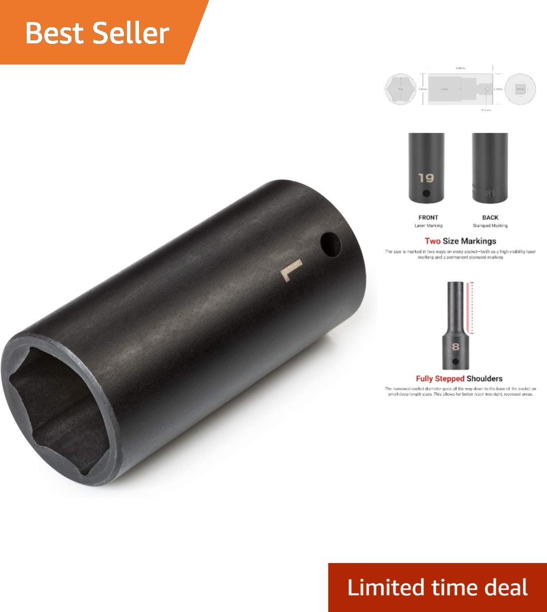 Impact Socket 1 Inch Deep 1/2 Drive 6-Point Alloy Steel Manganese Phosphate