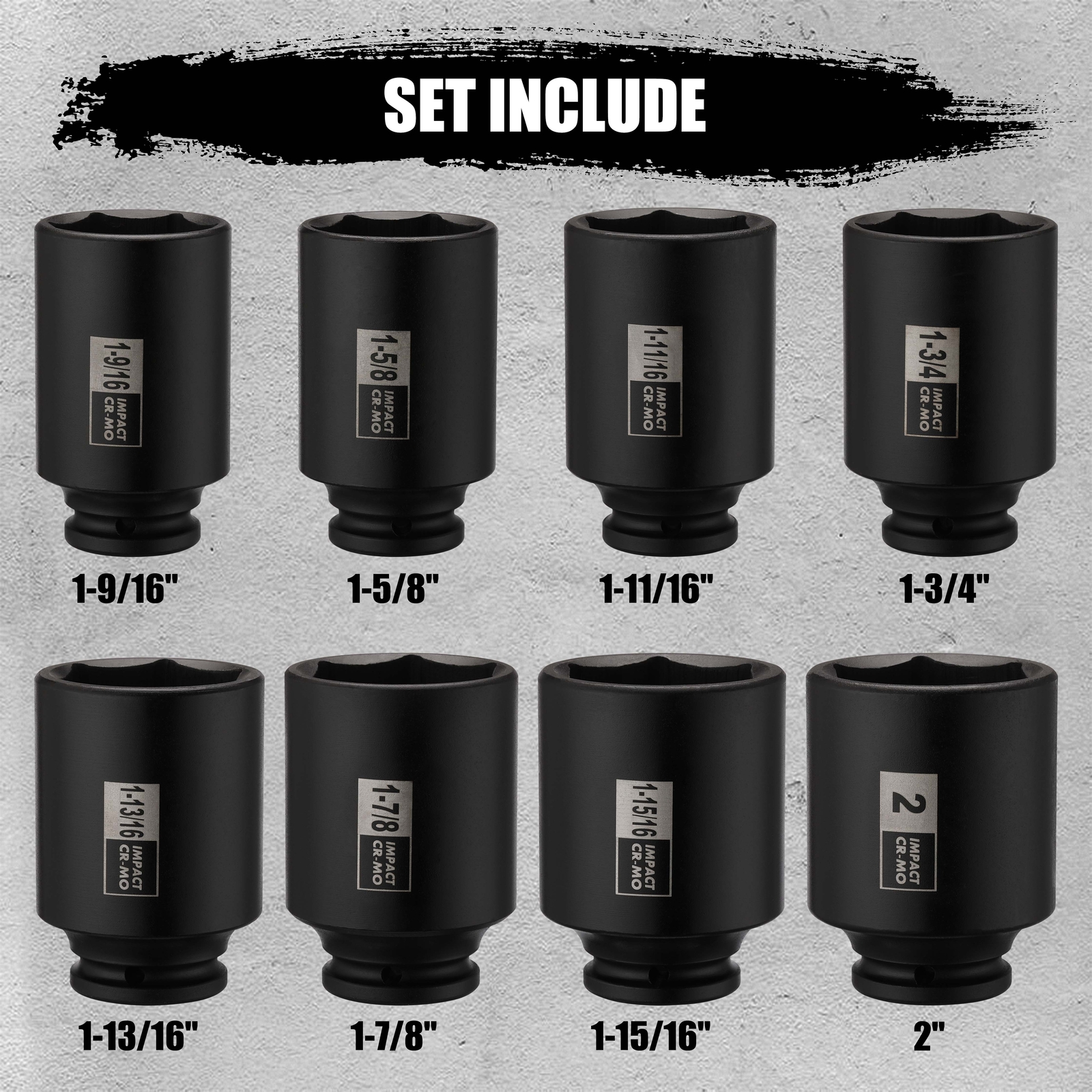 8PCS 1/2″Dr. Deep Impact Socket Set-SAE, 1-9/16″ to 2″, 6-Point CR-MO