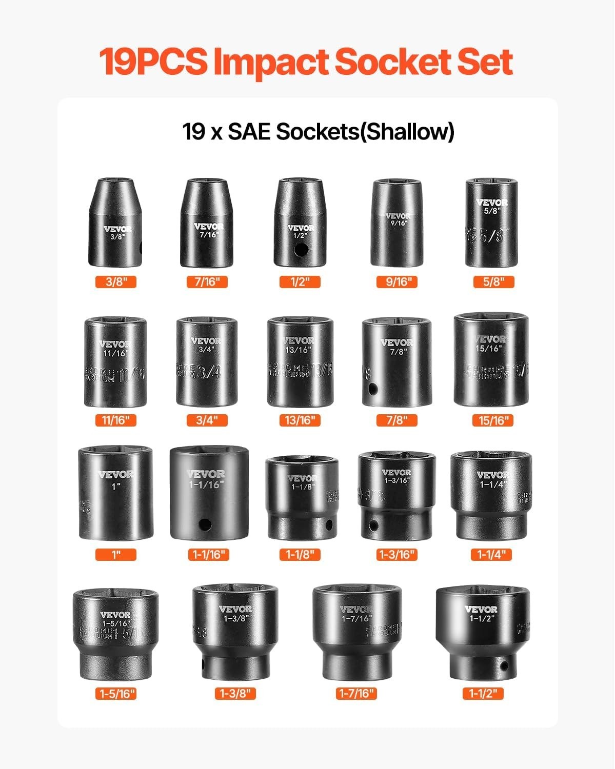 Vevor Impact Socket Set 1/2 Inches 19 Piece SAE Hex Impact Sockets