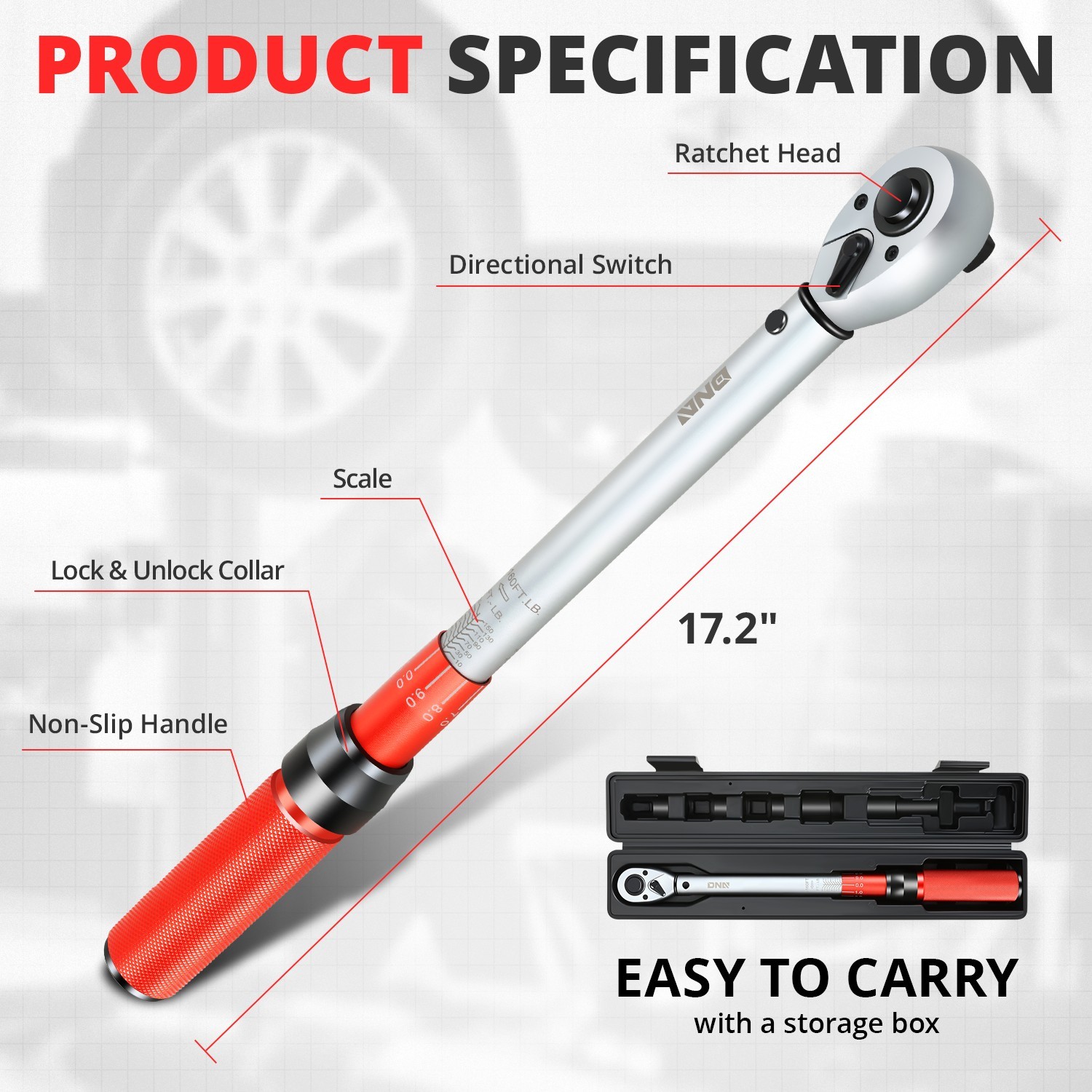 1/2″ Mechanic 10-160IN.-LB Adjustable Click Torque Wrench With Storage Box Red