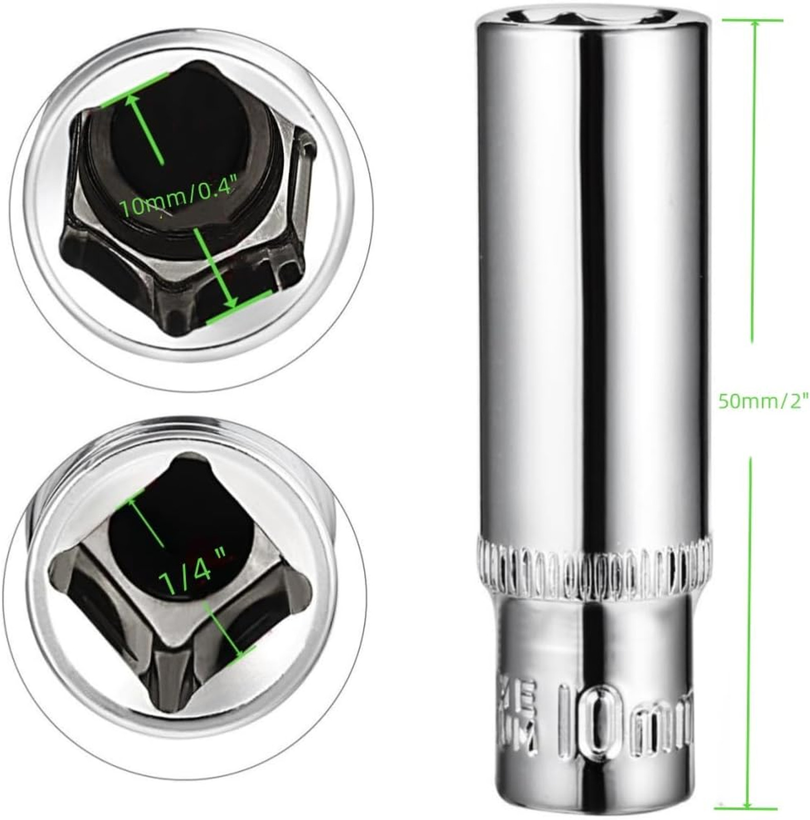 1/4 Inch Drive Deep Socket Set 10mm Cr-V Metric 6-Point Extension Tool