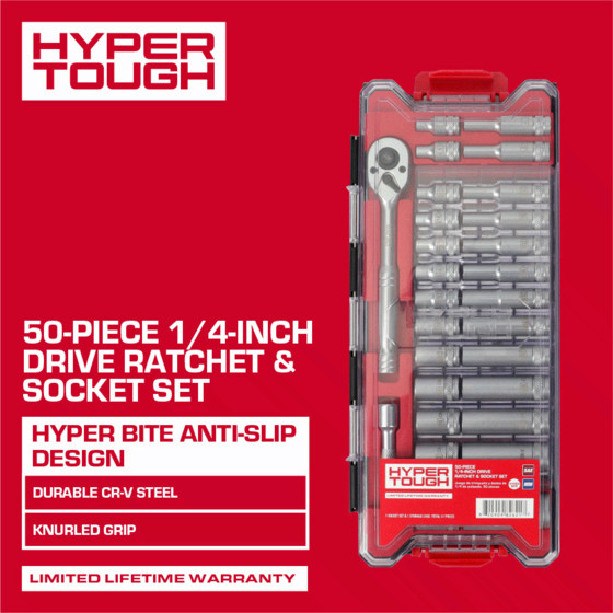 Hyper Tough 1/4-Inch Drive Ratchet and Socket Set, SAE and Metric, 50 Pieces