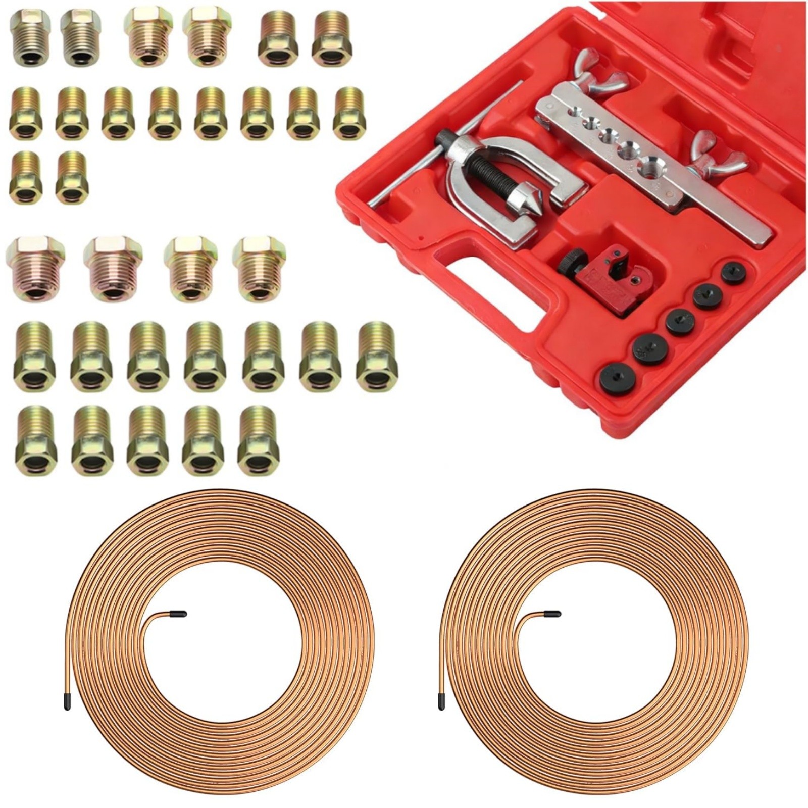 Brake Line Repair Kit 3/16 + 1/4 25 FT Copper Pipe Flaring Tool 32 Nuts Fittings