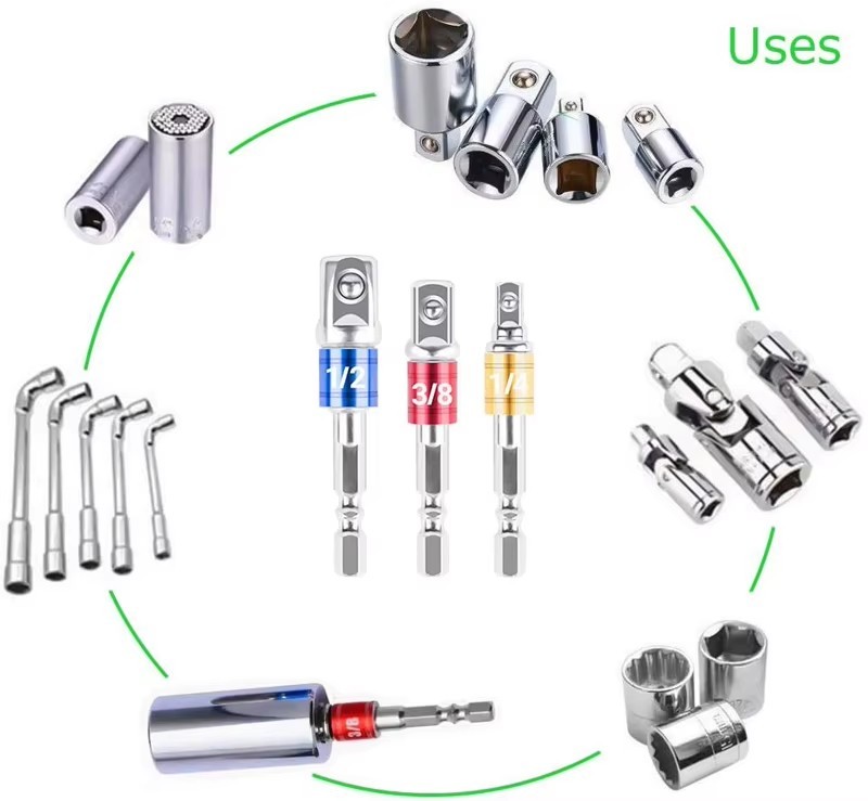 3PC 1/4″ HEX SHANK DRILL BIT TO 1/4 1/2 3/8 INCH SQUARE DRIVE SOCKET ADAPTOR SET