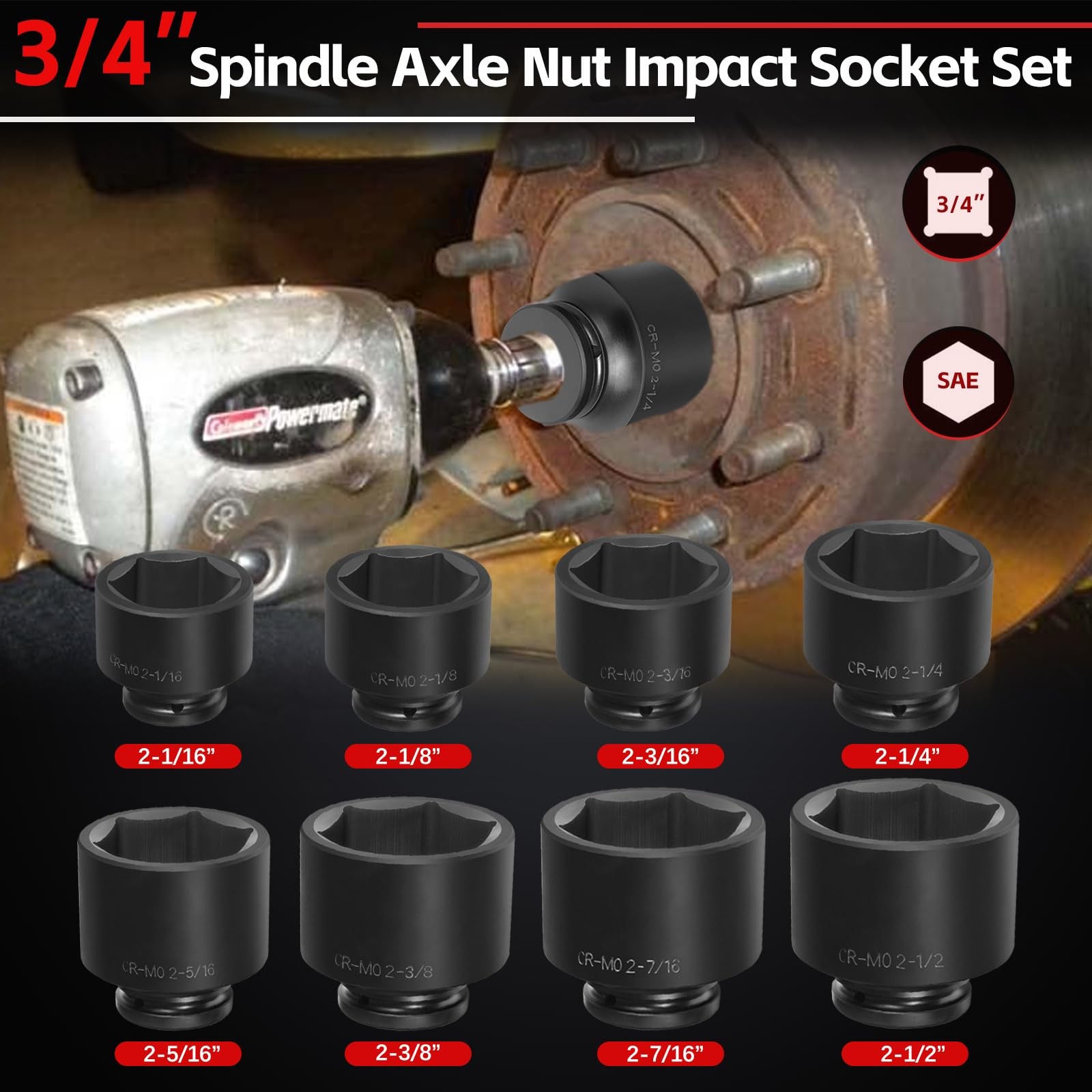 8pc 3/4″ Drive Jumbo Large Impact Socket Set 6 Point SAE 2-1/16″ to 2-1/2″