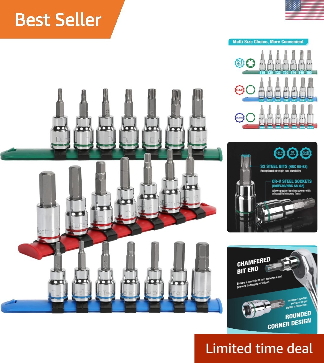 Durable Chrome Plated 3/8» Drive Torx & Hex Socket Set – 21-Piece Kit
