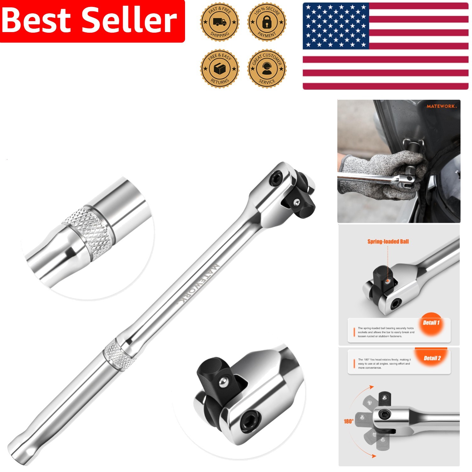 CR-V Flex Head, Polished Non-Slip Handle Wrench