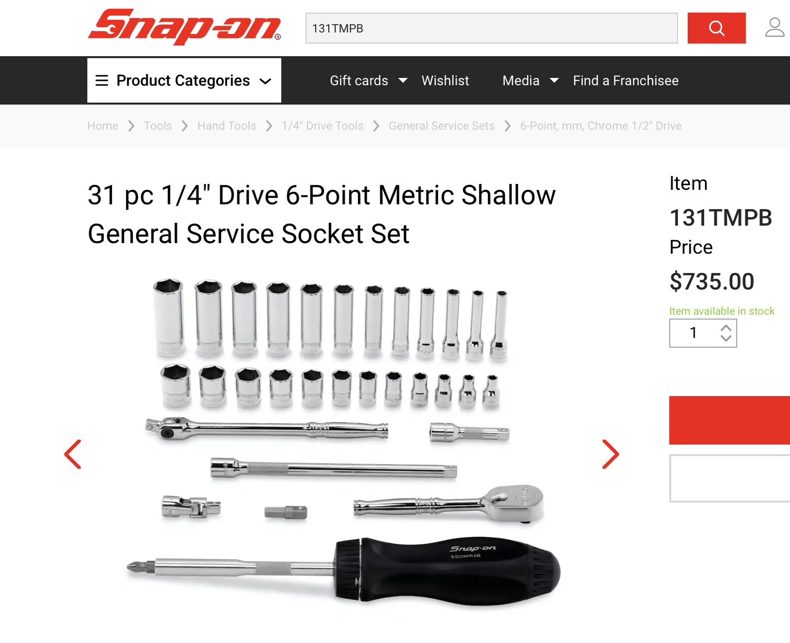 Snap On#131TMPB-31Pc.1/4”Dr.,6 Pt. Metric Deep/Shallow Gen. Svc. Socket Set-MINT