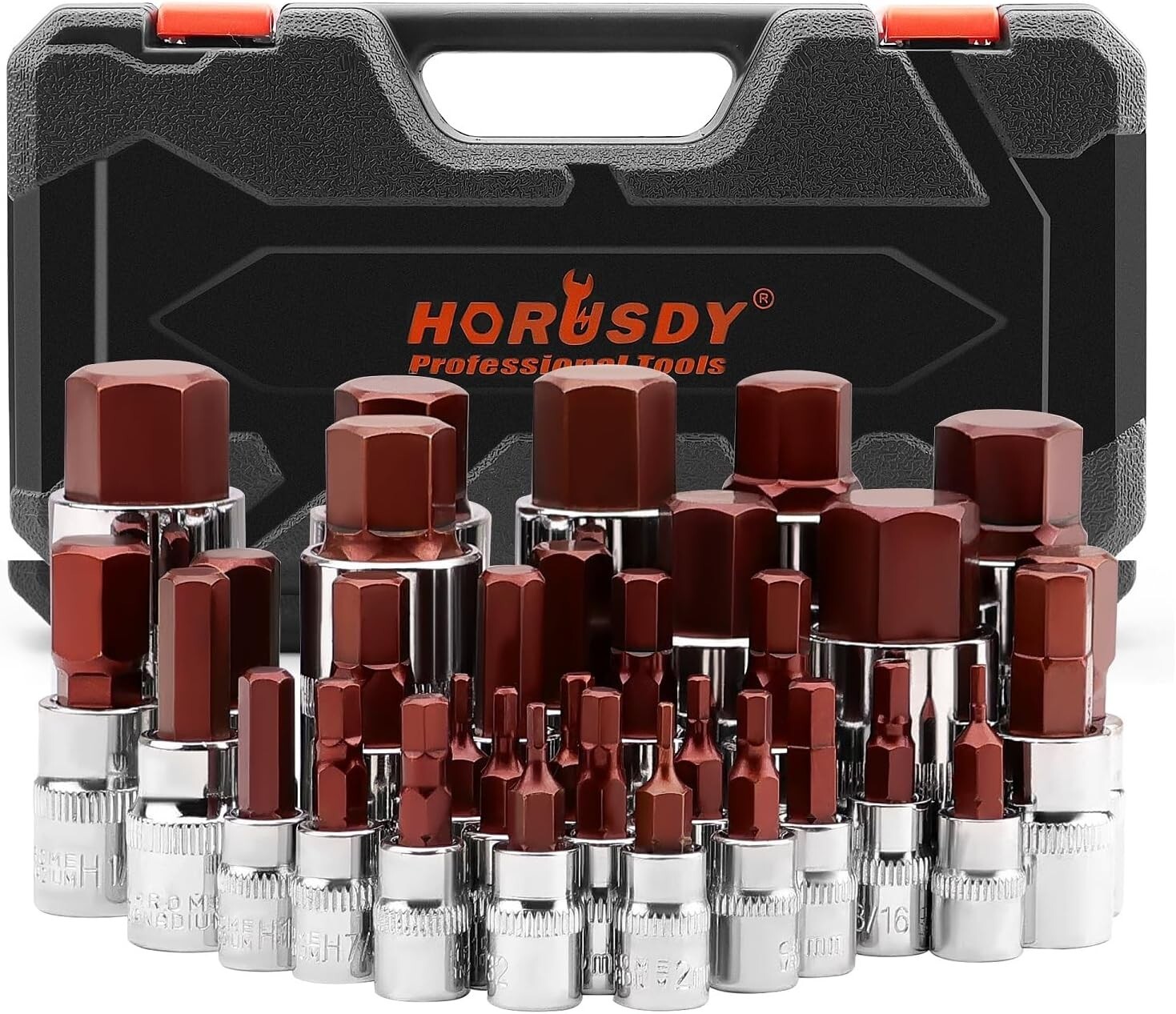 32 Piece Hex Bit Socket Set S2 Steel Allen Sockets, SAE & Metric, 1/4″ 3/8″ 1/2″