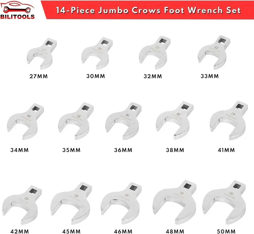 Jumbo Crowfoot Wrench Set – 14-Piece 1/2″ Drive, Metric 27-50mm, Rust-Resistant