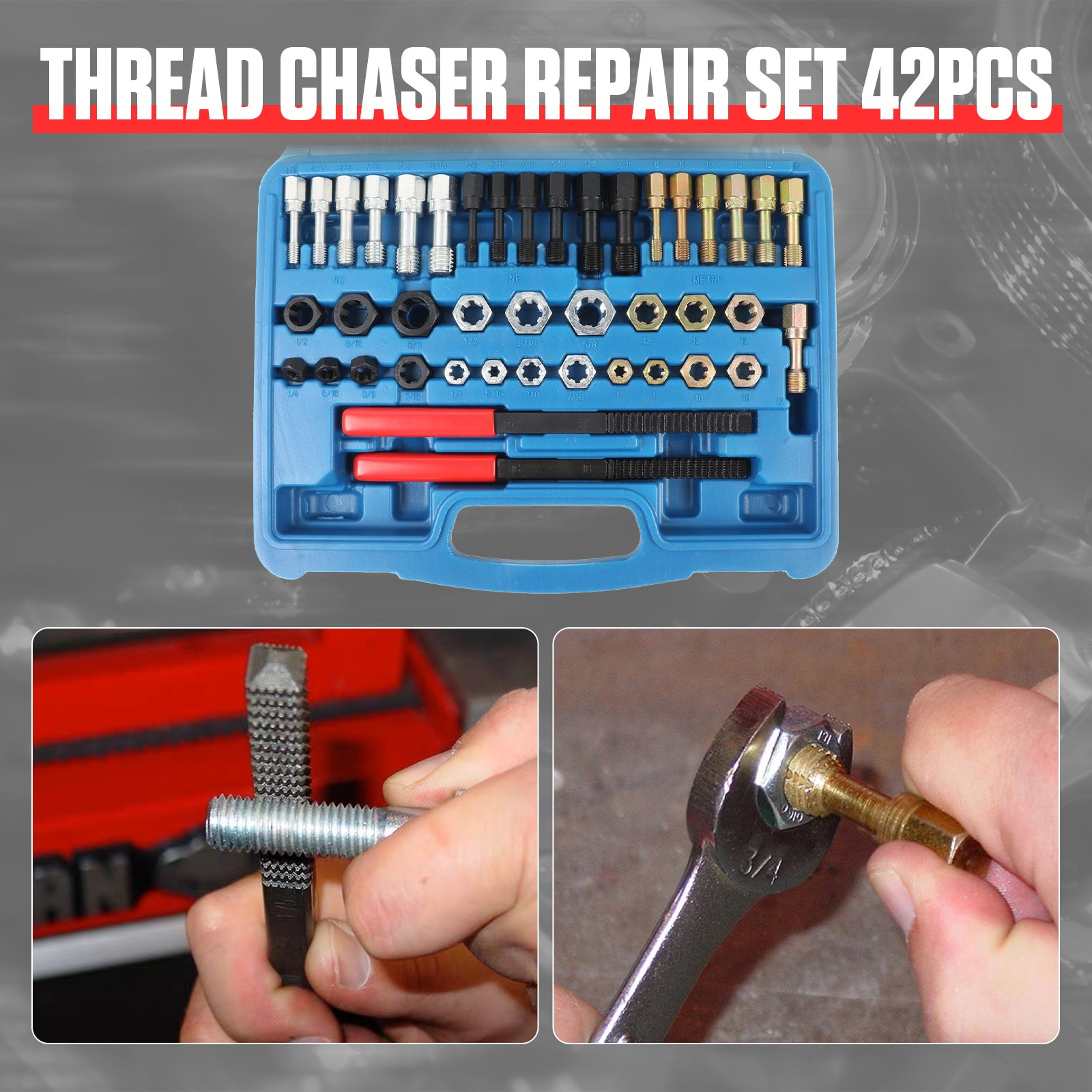 42 Pieces Thread Repair Chaser Tool Kit UNC UNF Metric Rethread Restore Set