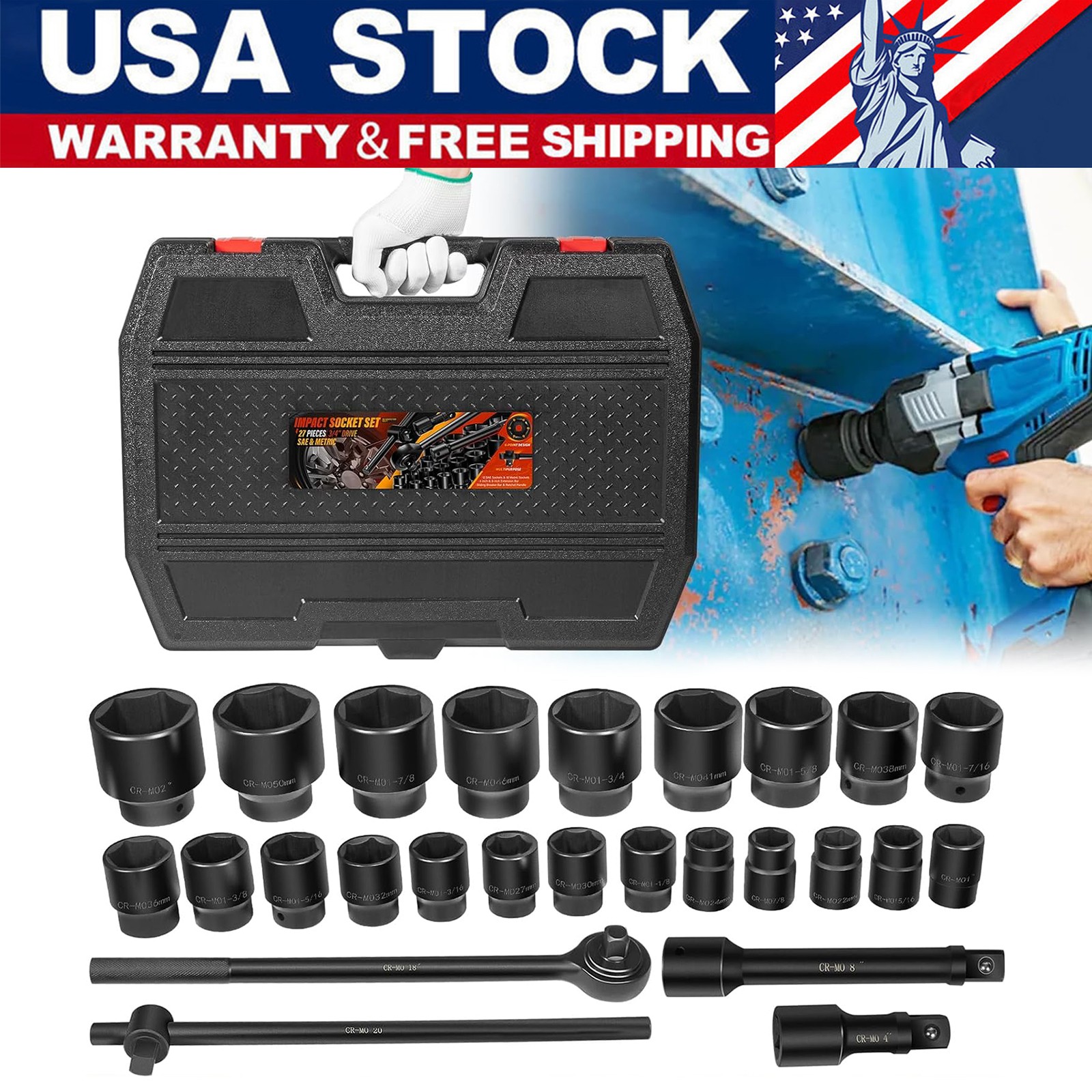 3/4″ Drive Deep Impact Socket Set 27Pcs SAE 7/8″-2″ Metric 22-50 MM Standard Kit