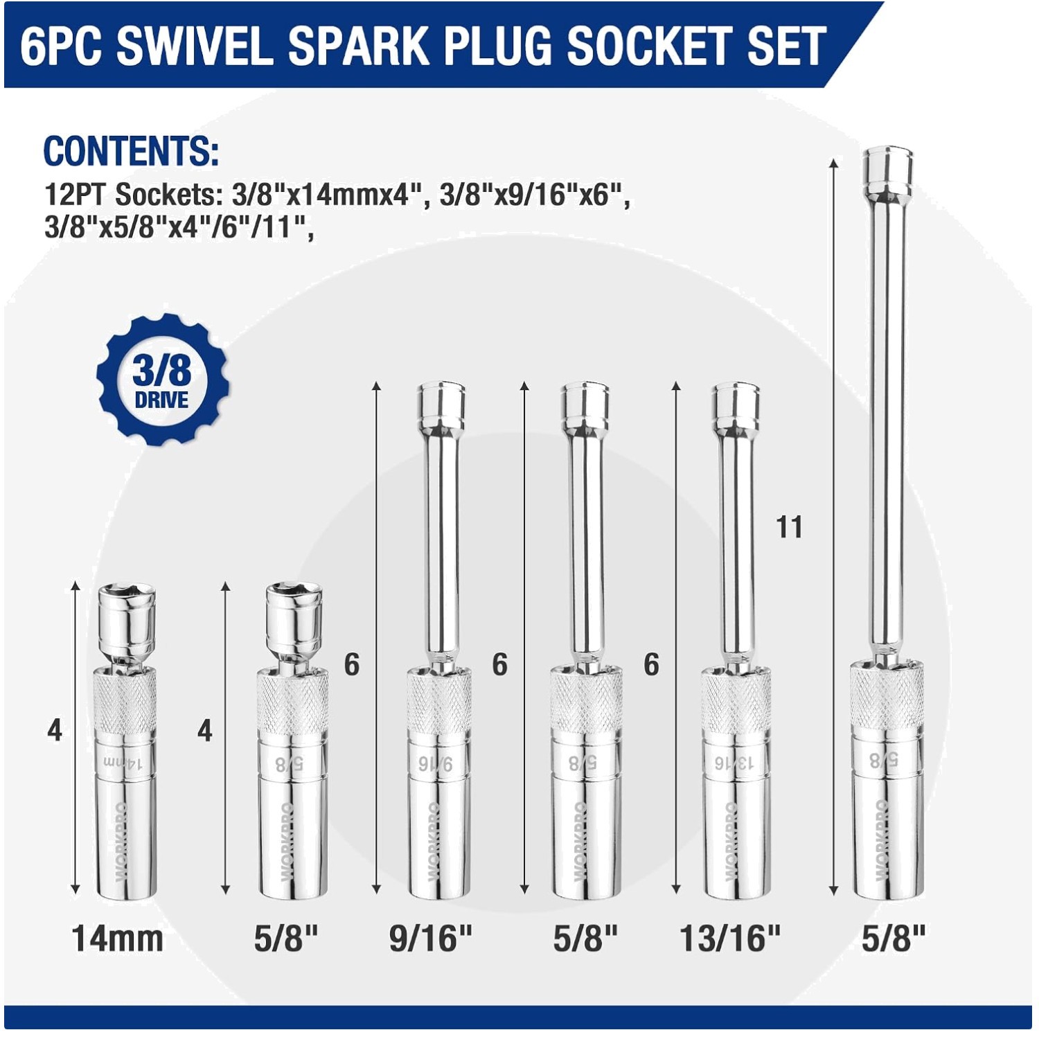 Long & Short Extensions, 6PC Spark Plug Socket Set