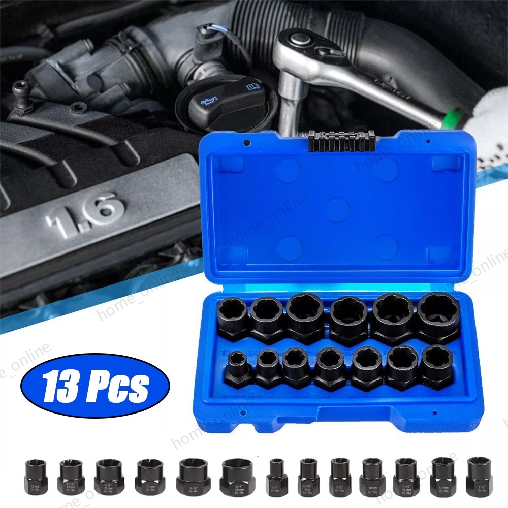 13pcs Bolt Extractor Damaged Lug Nut Remover Twist Socket Extractor Tool 8-19mm