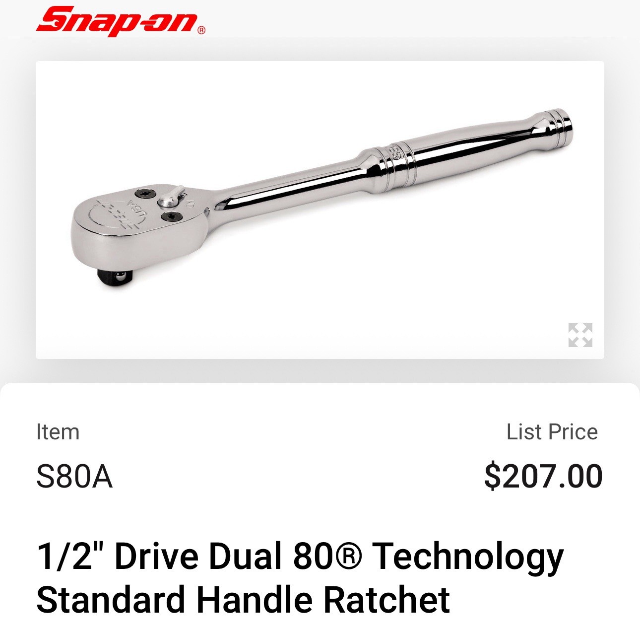 Snap-On S80A 1/2” Drive Dual 80 Ratchet USA | Standard Handle |Chrome Finish NEW