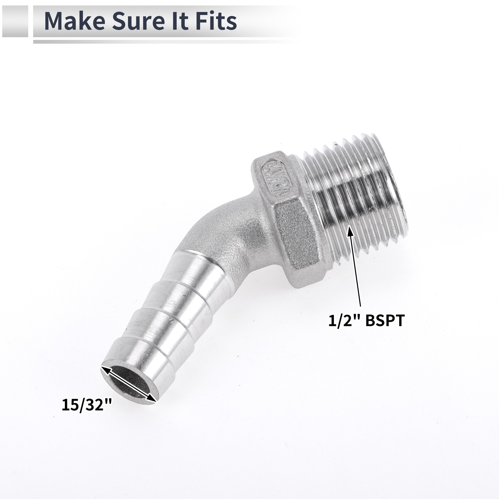 15/32″ OD 1/2″ Beard Fittings for BSPT 45° Beard Elbow with 2 Ties