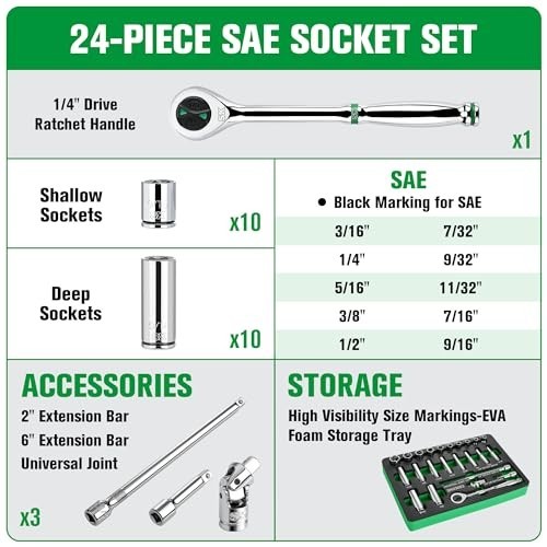 24-Piece 1/4″ Drive Socket Set, SAE, Ratchet, SuperKrome Finish, EVA Organizer