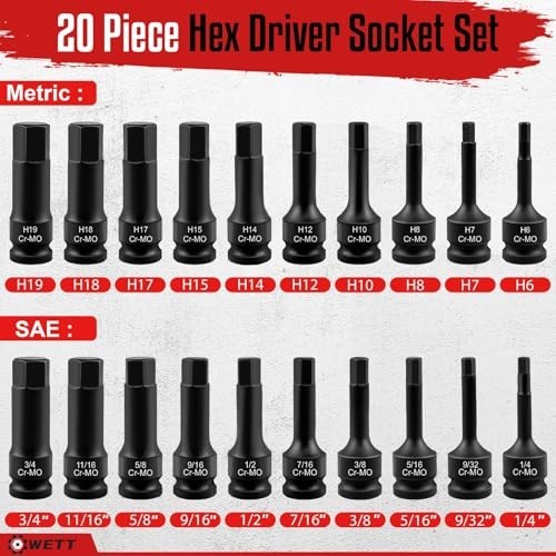 20-Piece 1/2″ Drive Impact Hex Bit Socket Set, Cr-Mo Steel, SAE & Metric Sizes