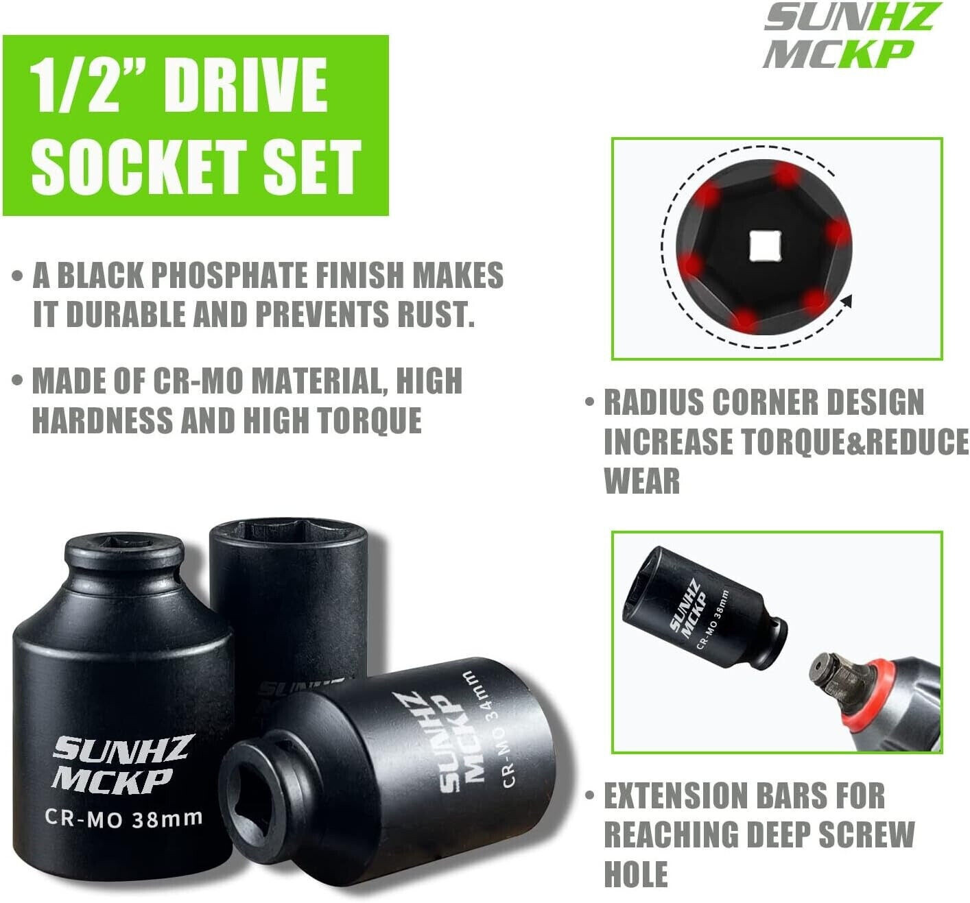 Impact Socket Set 1/2″ Inch Drive Metric 29mm-38mm Deep 6-Point Spindle Axle Nut