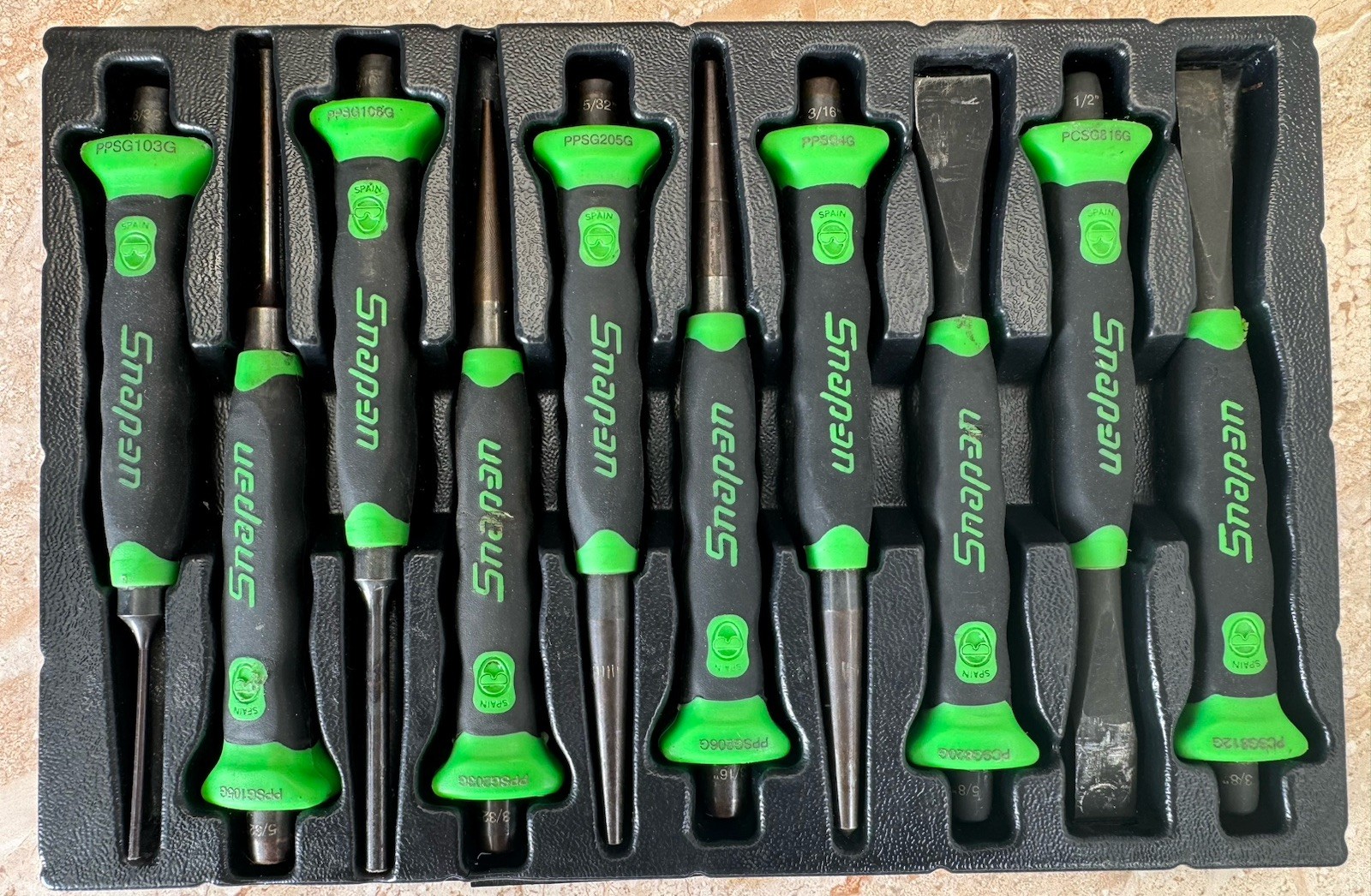 New Snap On Tools 10-Piece Soft Grip Punch And Chisel Set PPCSG710G Green
