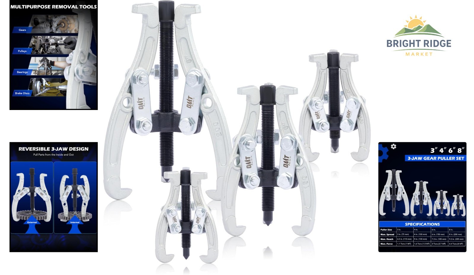 Universal Gear Puller Kit with 3, 4, 6, 8 Inch Sizes for Easy Component Removal