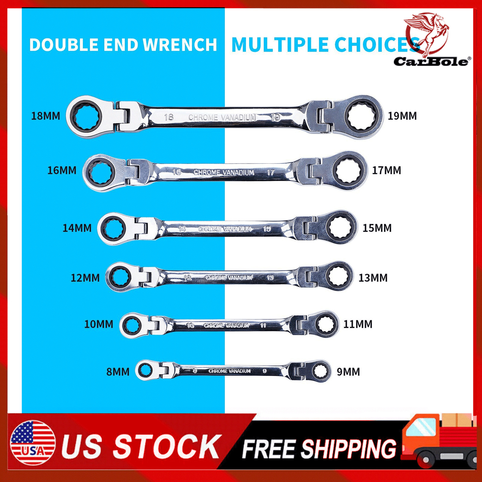 6Pcs Double Box End Ratcheting Wrench Flex-Head Extra Long Heavy Duty Spanner