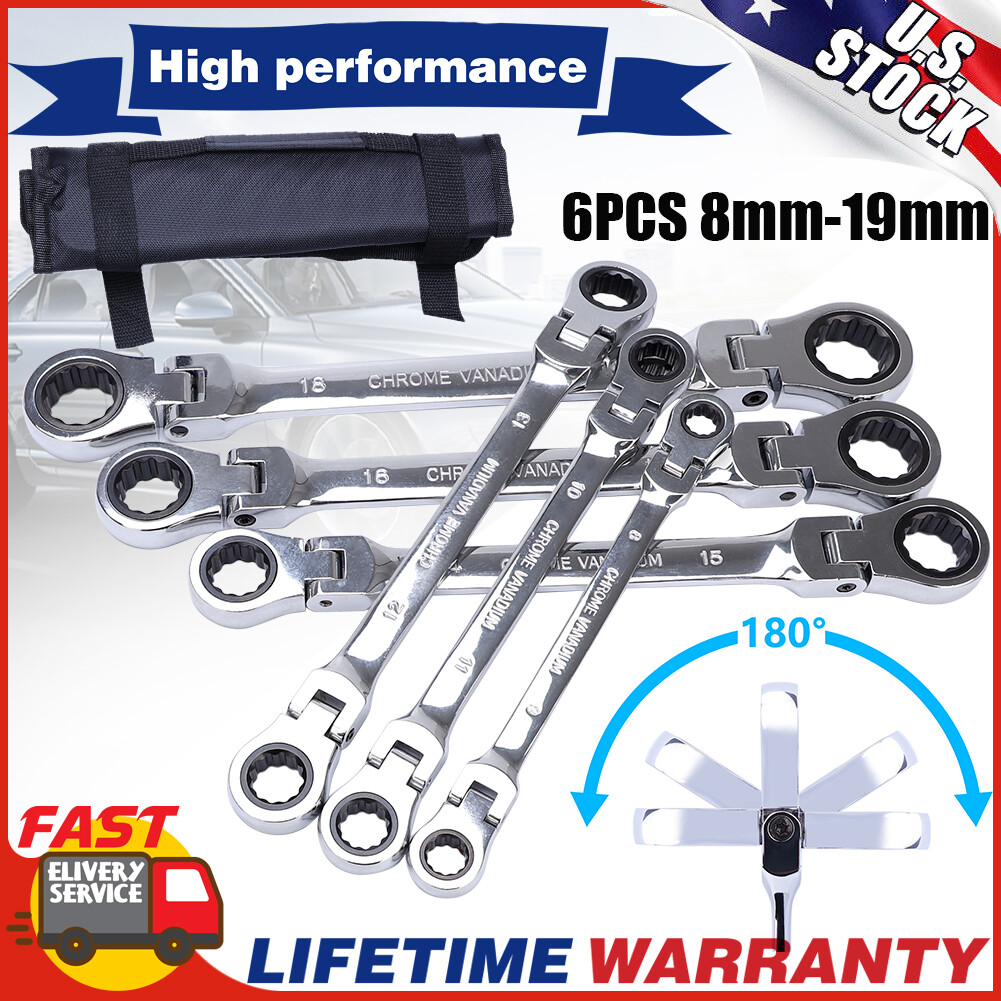 6X Flex-Head Ratcheting Wrench Set 72-Tooth Double Box Wrench Set Metric 8-19mm