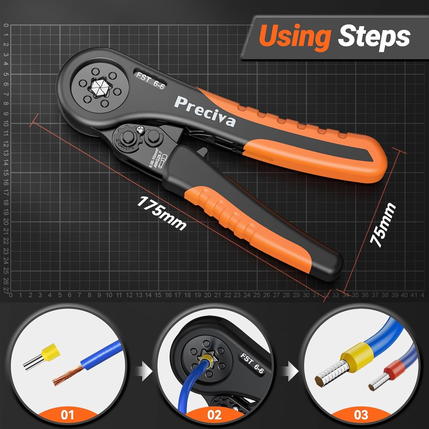 Preciva Ferrule Crimping Tool Kit, Hexagonal Ratchet Wire Crimp Metallic