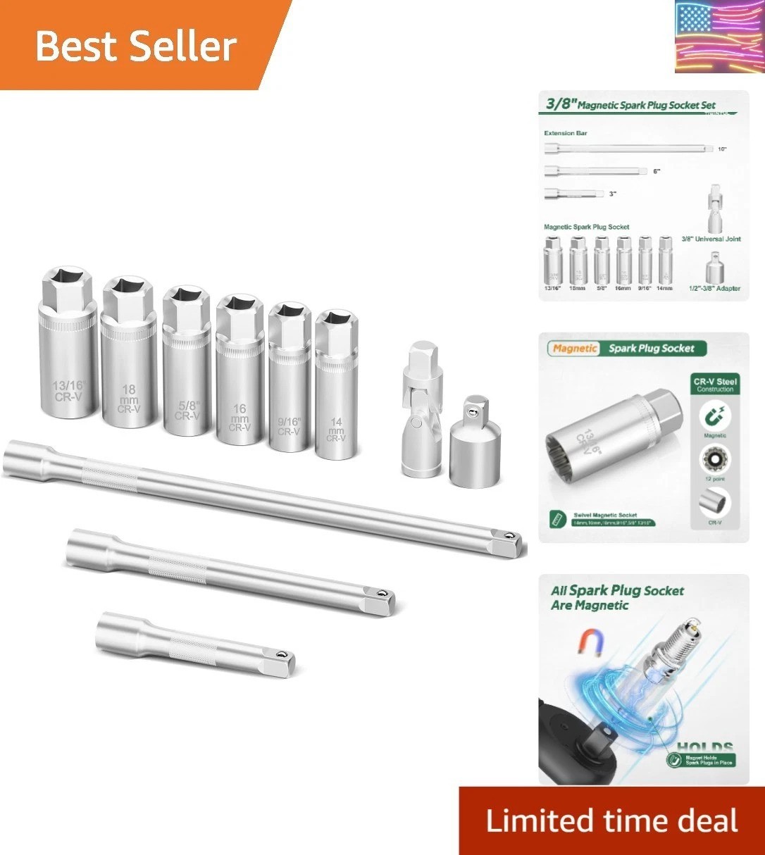 3/8 Inch Drive Spark Plug Socket Set, 12 Point, 11Pcs SAE & Metric Sizes 14mm..,