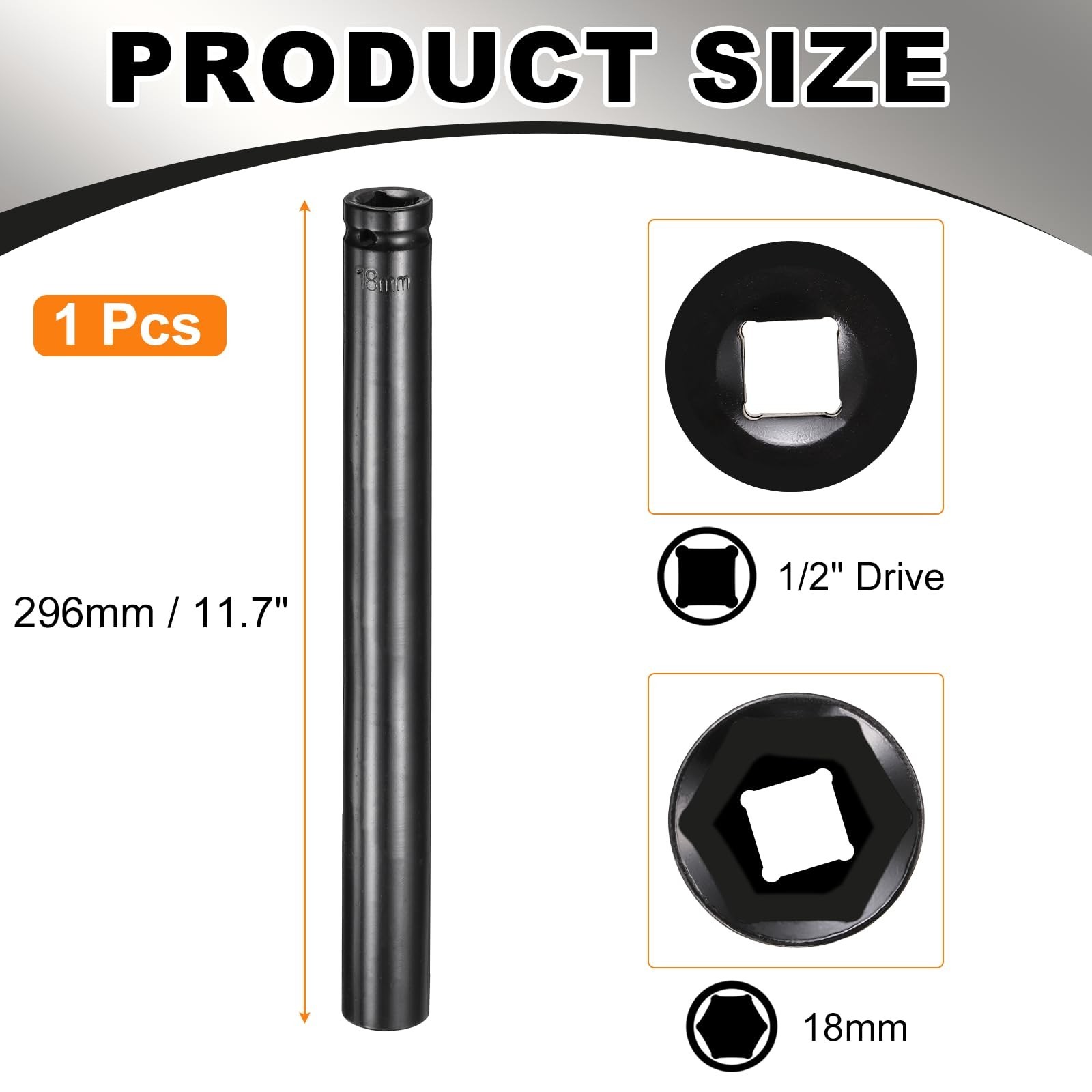 6-Point Deep Impact Socket 1/2″ Drive 18mm Extra Long Heat-Treated Steel for Aut
