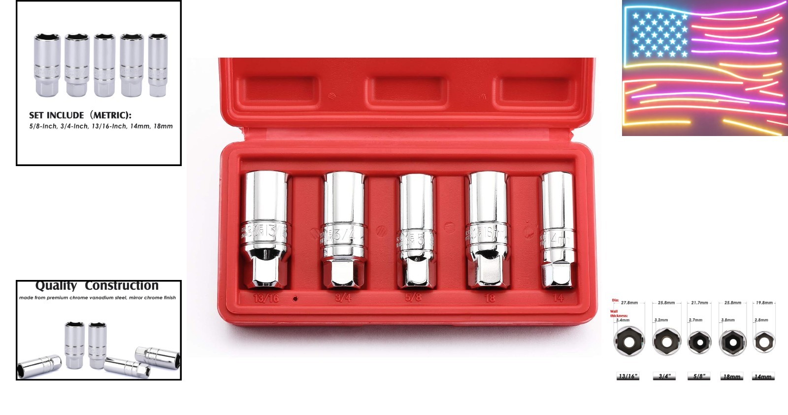 3/8 Inch Drive Spark Plug Socket Set, SAE & Metric, CR-V Steel Mirror Finish