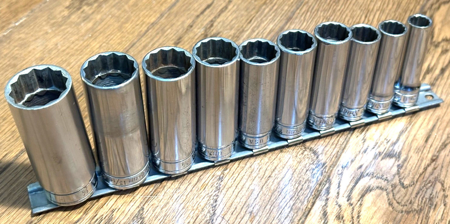 🇺🇸 Snap On Tools DEEP SAE 3/8” – 7/8″ Socket Set Lot 12-PT Drive Rail Rack