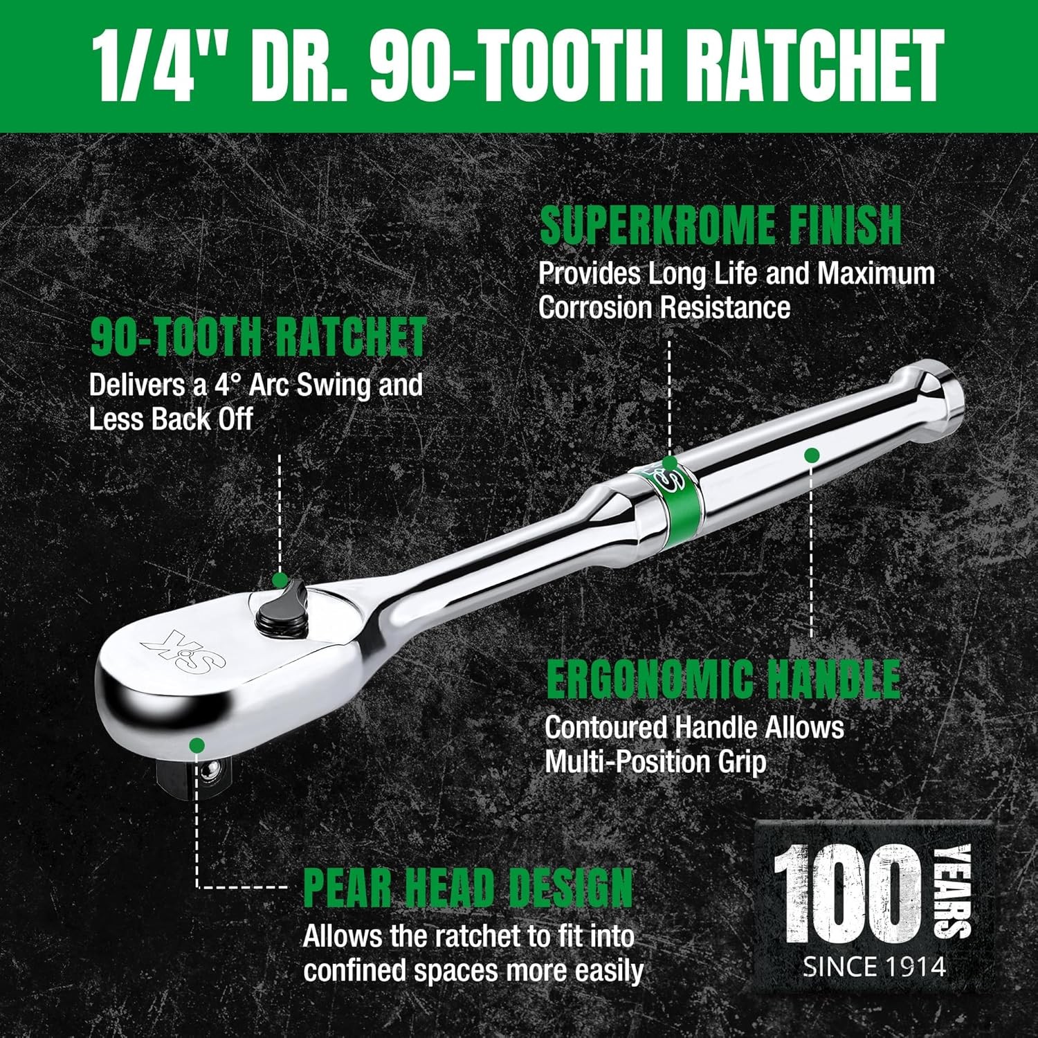 SK 1/4″ Drive Ratchet Handle, Pear Head, 90-Tooth Ratchet, 1/4"