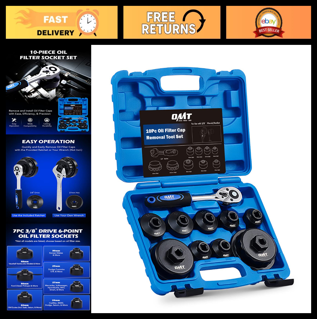 10pc Oil Filter Wrench Set – 3/8″ Drive Metric Cap Removal Tool Kit for Toyota,