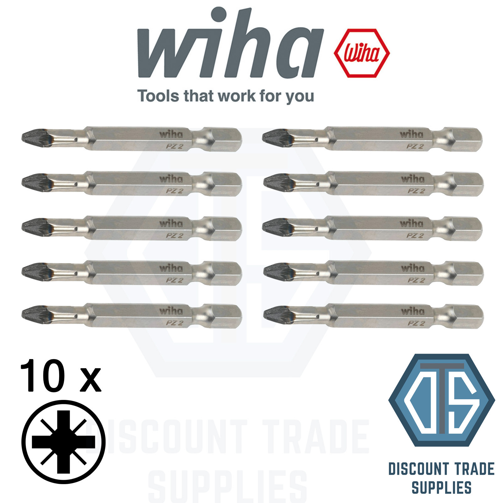 10 x Wiha 33846 DIAMOND TORSION BIT PZ2 x 50mm